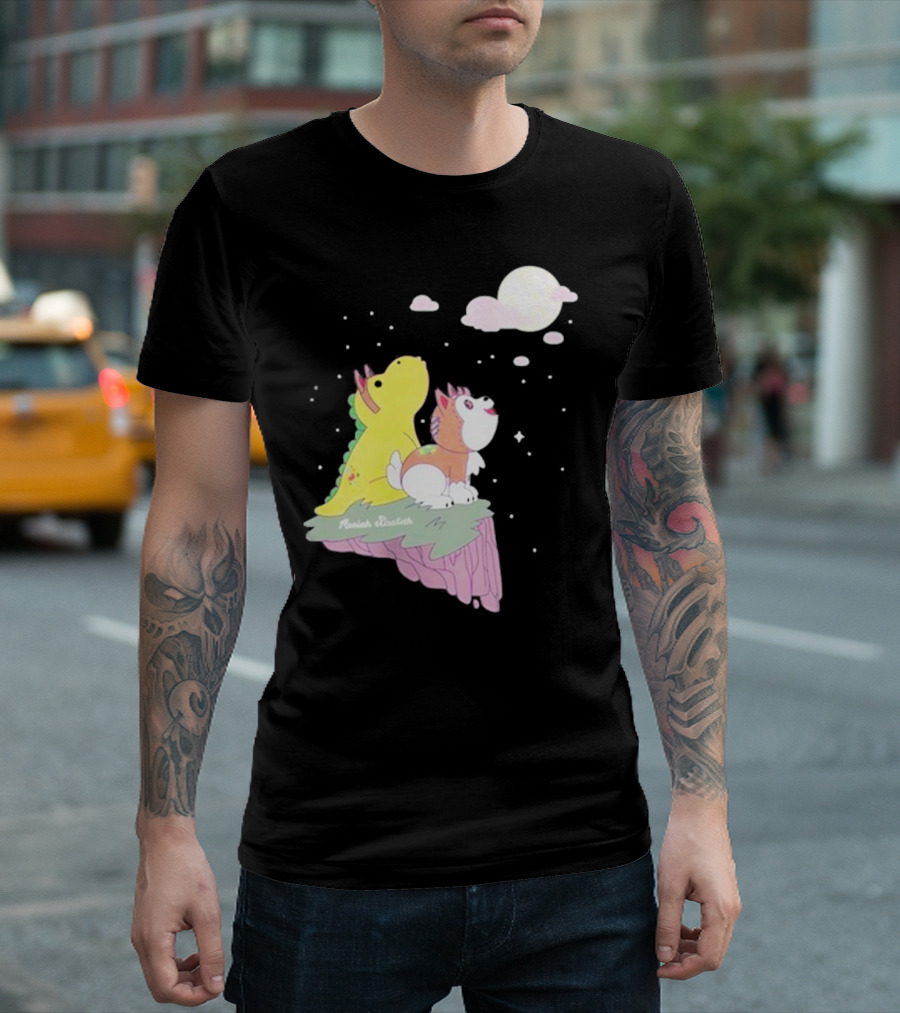 Moriah Elizabeth Howl-O-Ween Cute Dinosaur and Dog Moonlit Night Scene T-Shirt
