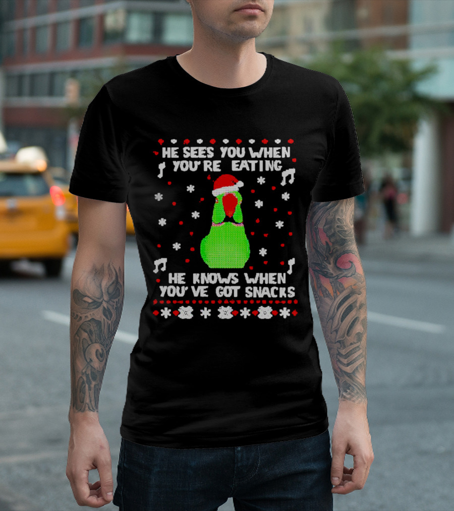 Parrot Ugly Christmas He Sees You When You’re Eating He Knows When You’ve Got Snacks T-Shirt