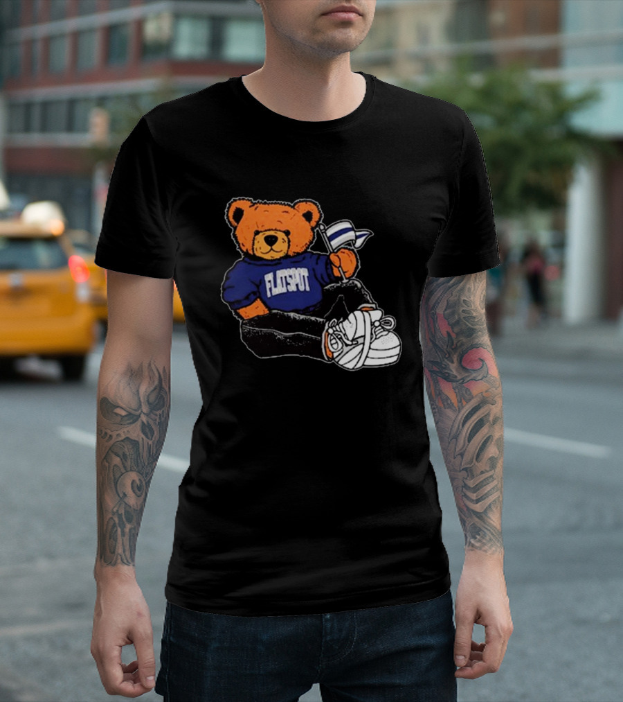 Flatspot Bear in Blue Sweatshirt with Flag Sitting Down T-Shirt