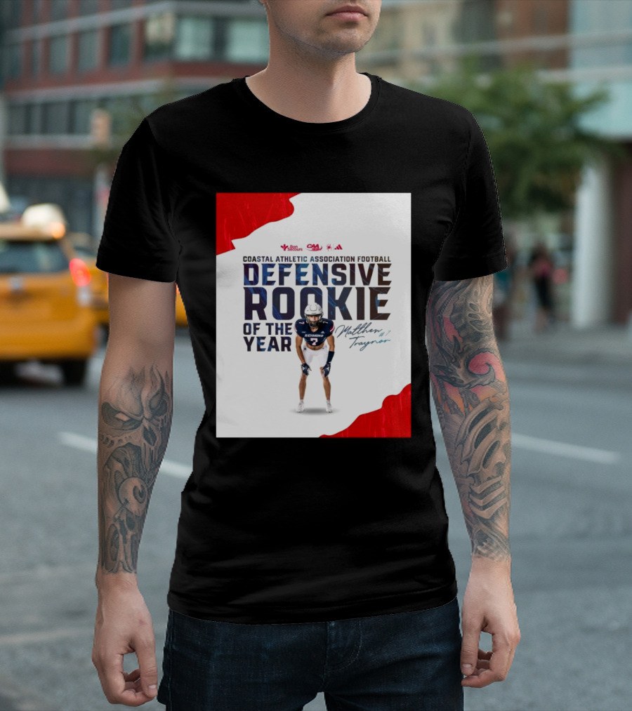 Coastal Athletic Association Football Defensive Rookie Of The Year Matthew Traynor Signature Richmond #2 Red Blue White Football Graphics T-Shirt