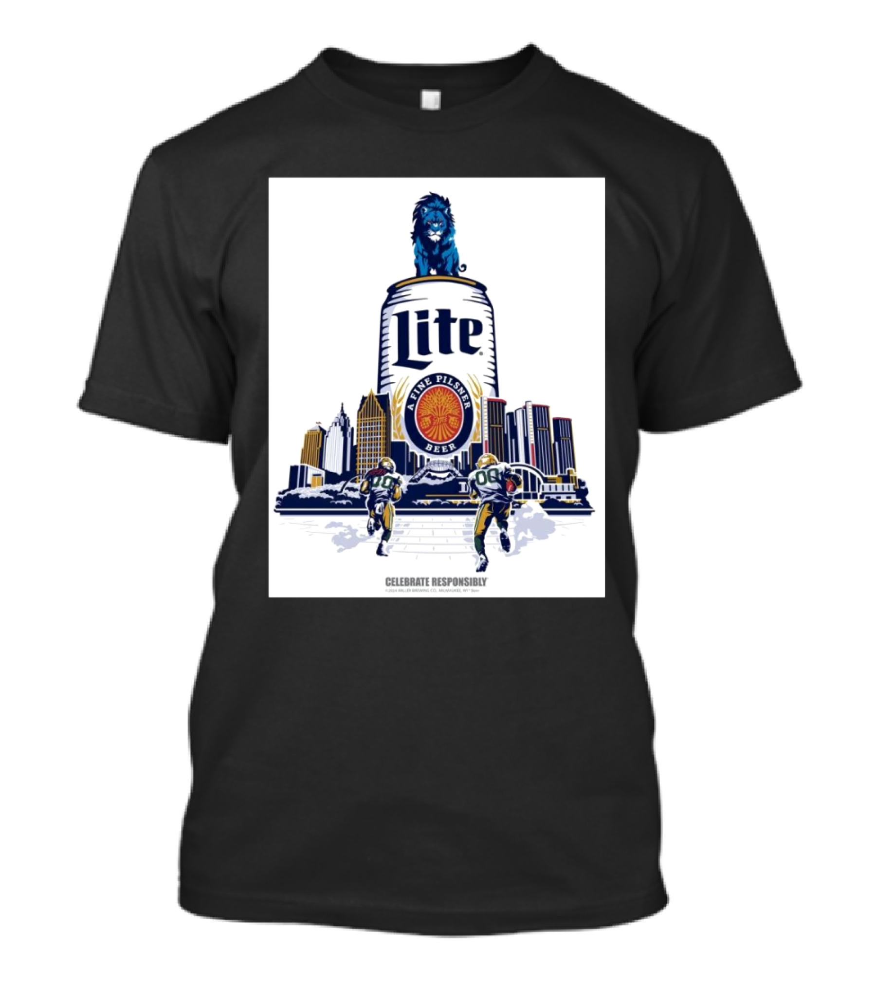 Detroit Lions Lite The Pilsner Beer Celebrate Responsibly 2024 Skyline Football T-Shirt