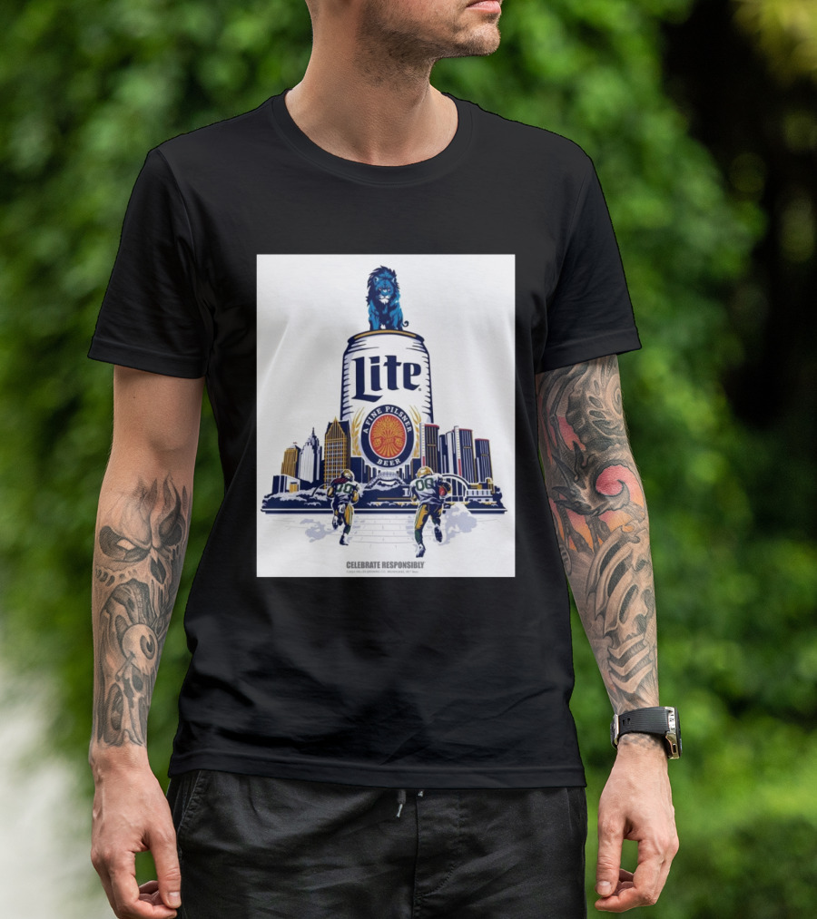 Detroit Lions Lite The Pilsner Beer Celebrate Responsibly 2024 Skyline Football T-Shirt