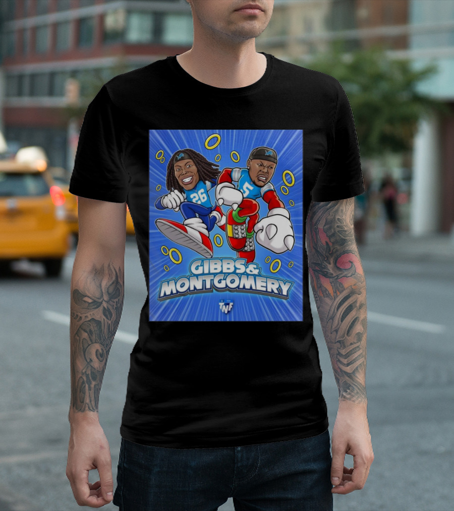 Detroit Lions NFL Gibbs And Montgomery The Dynamic Duo Caricature 26 5 TNF T-Shirt