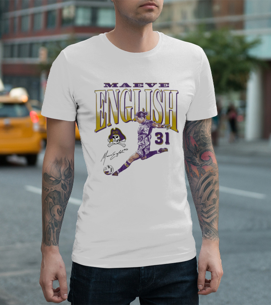 Maeve English ECU Soccer 31 Cartoon Signature T-Shirt