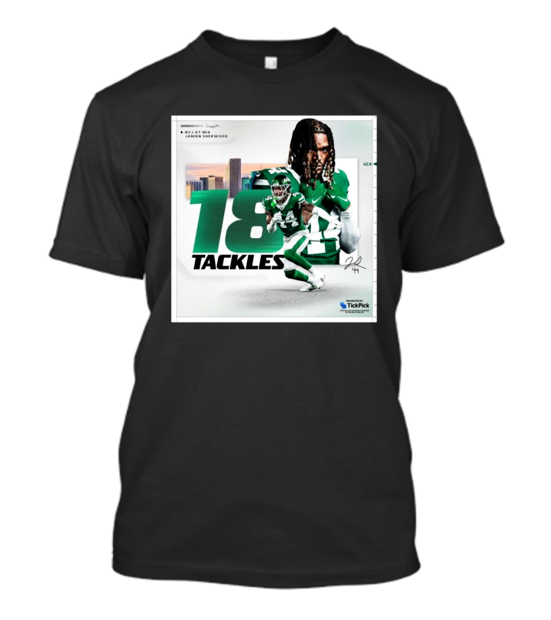 Week 14 New York Jets At Miami Dolphins Jamien Sherwood 18 Tackles Signature Performance T-Shirt