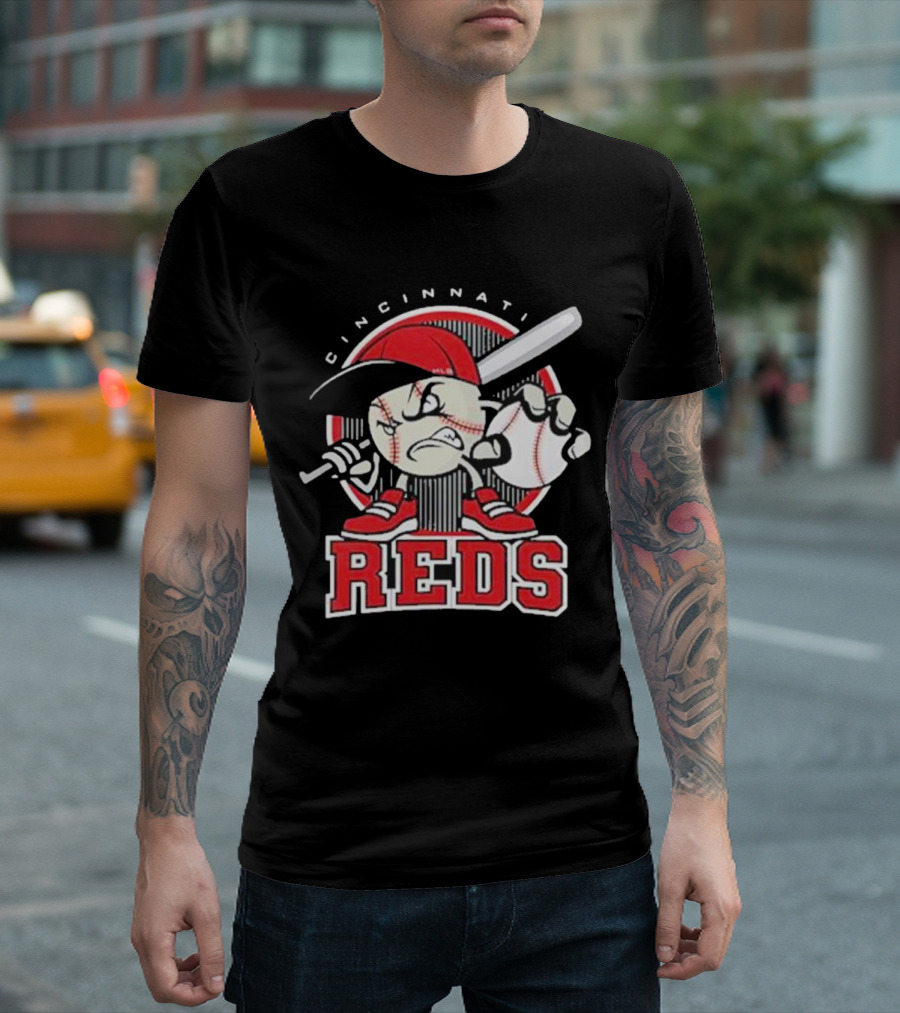 Cincinnati Reds Retro Baseball Character with Cap and Bat T-Shirt