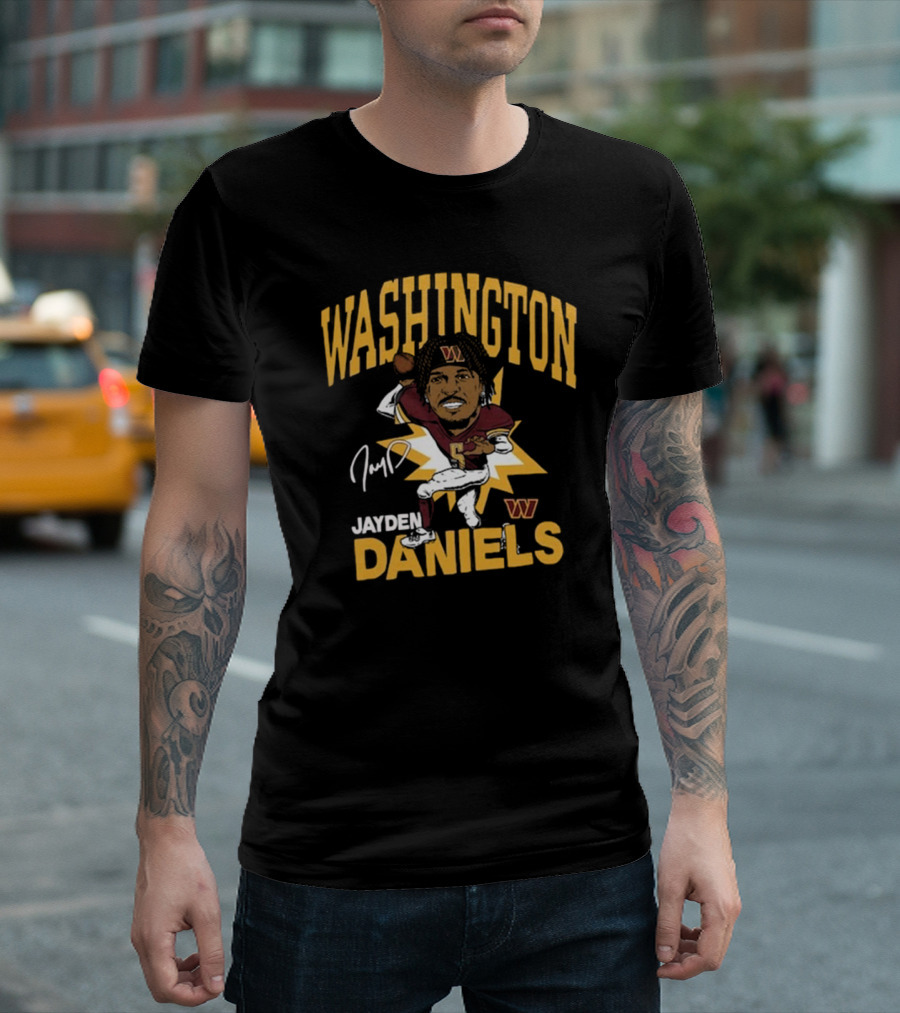 Washington Commanders NFL Jayden Daniels Caricature Player Signature T-Shirt