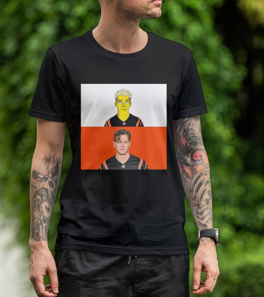The Simpsons Styled Joe Burrow In Cincinnati Bengals NFL Comparison T-Shirt