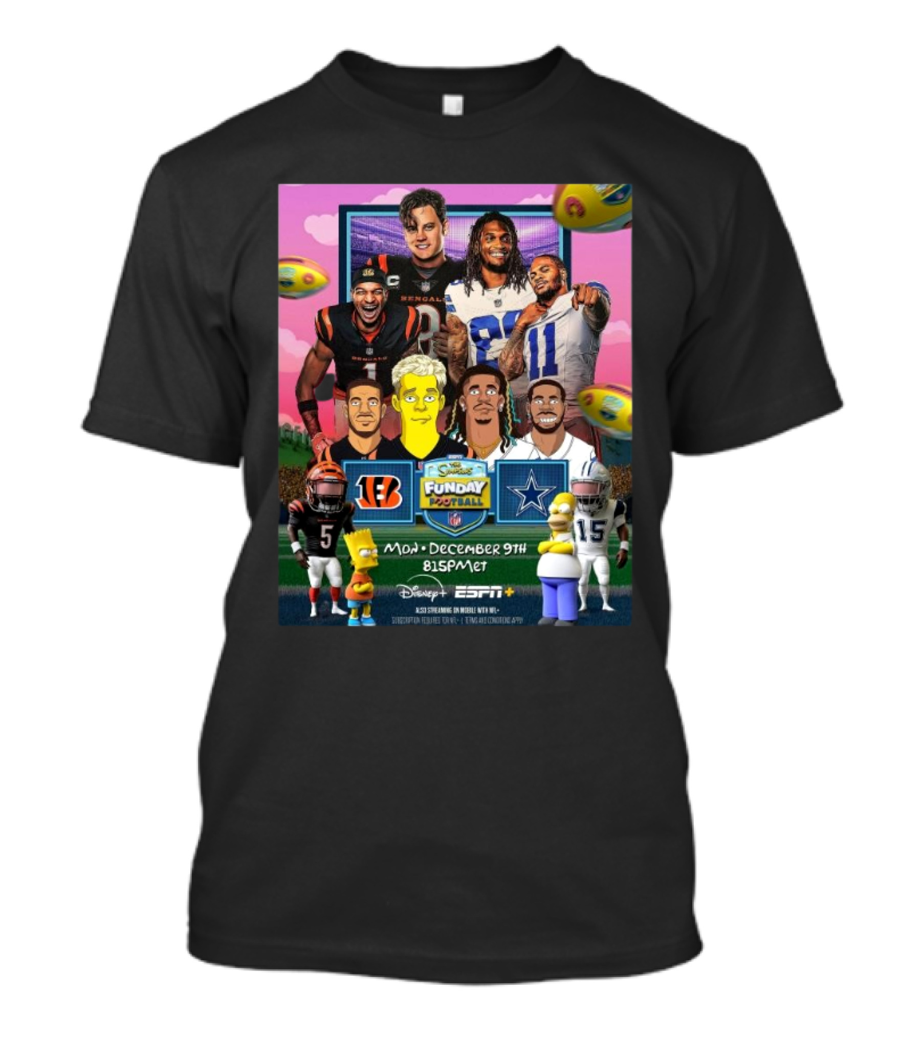 NFL Cincinnati Bengals Vs Dallas Cowboys The Simpsons Funday Football Monday Night Football December 9 2024 Disney ESPN T-Shirt