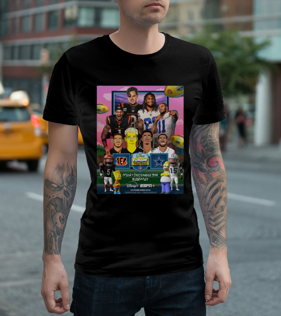 NFL Cincinnati Bengals Vs Dallas Cowboys The Simpsons Funday Football Monday Night Football December 9 2024 Disney ESPN T-Shirt