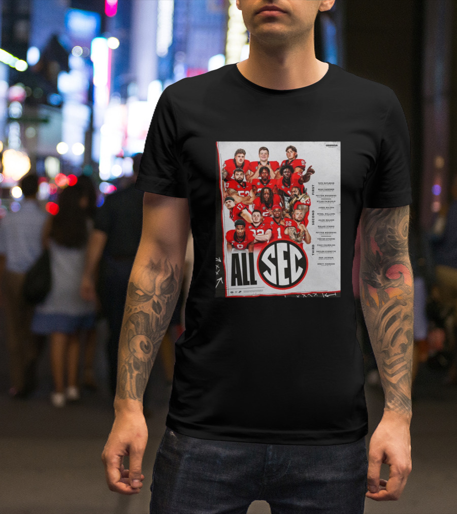 Georgia Bulldogs 2024 Football All SEC First Team Tate Ratledge Beau Gardner Peyton Woodring T-Shirt