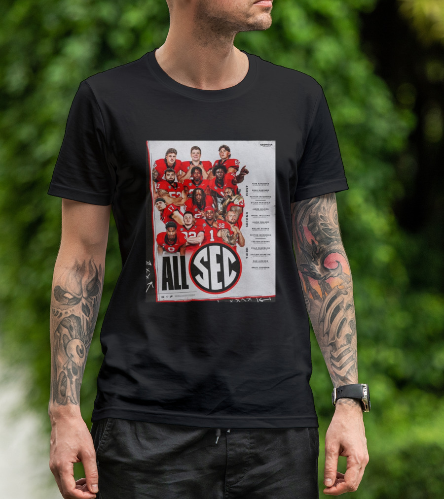 Georgia Bulldogs 2024 Football All SEC First Team Tate Ratledge Beau Gardner Peyton Woodring T-Shirt