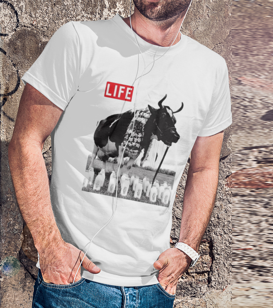 Life Magazine Cow With Milk Bottles And Floral Garland T-Shirt