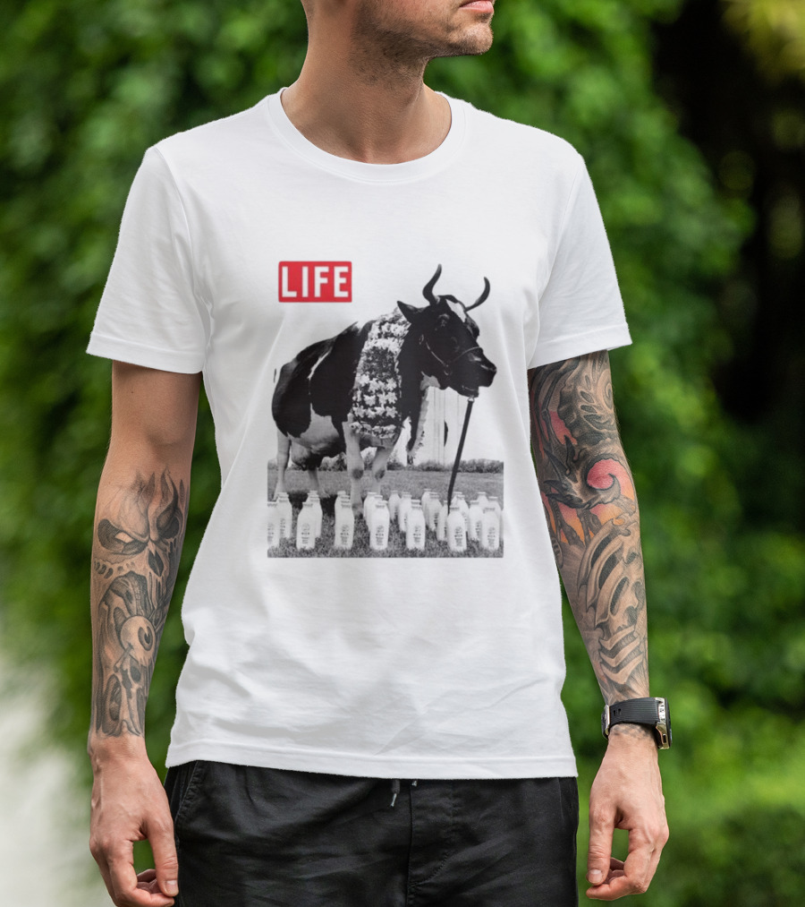 Life Magazine Cow With Milk Bottles And Floral Garland T-Shirt