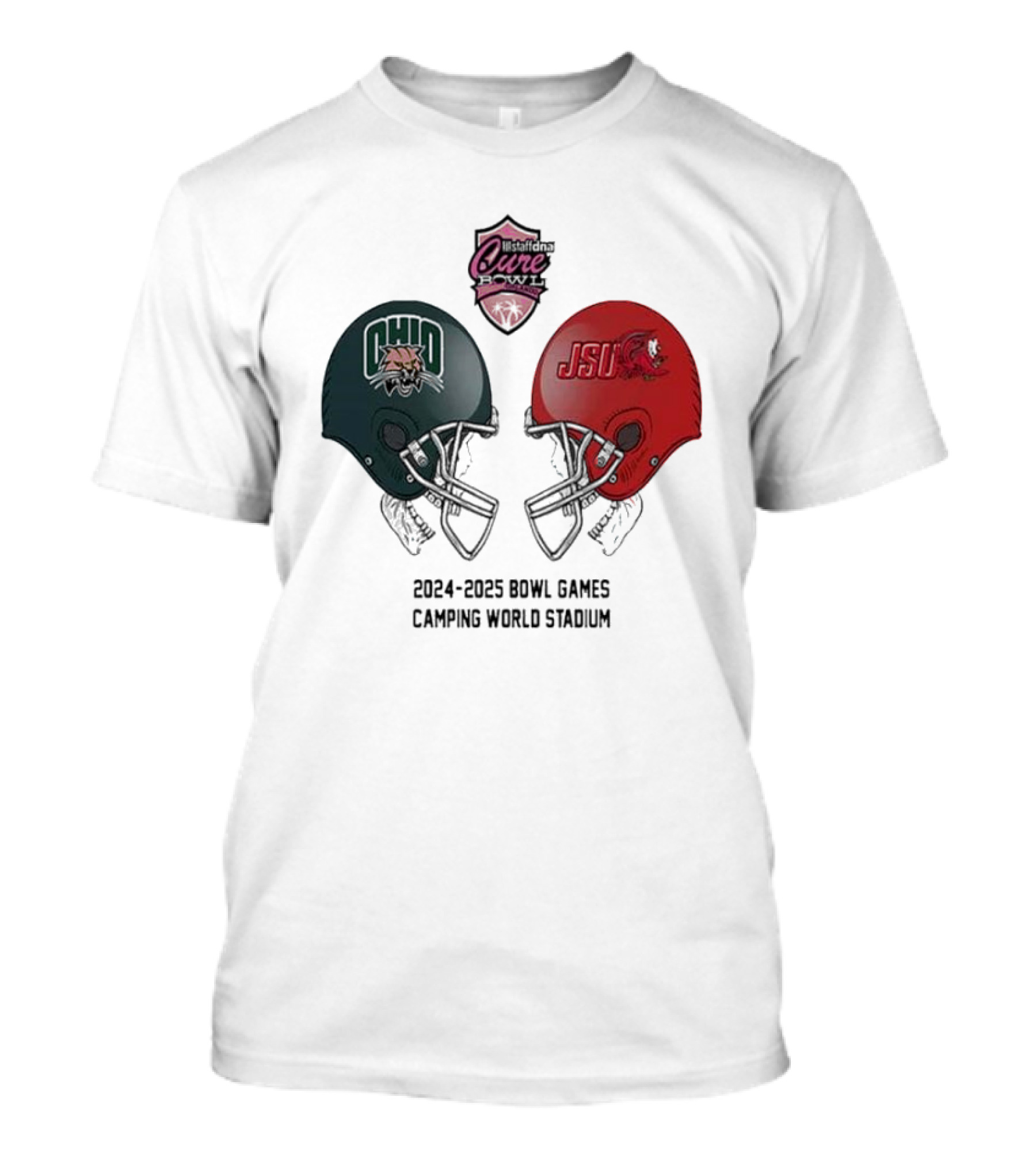 Weststand’s Cure Bowl 2024-2025 NCAA Bowl Games Ohio Bobcats Vs Jacksonville State Helmet Head To Head Camping World Stadium T-Shirt