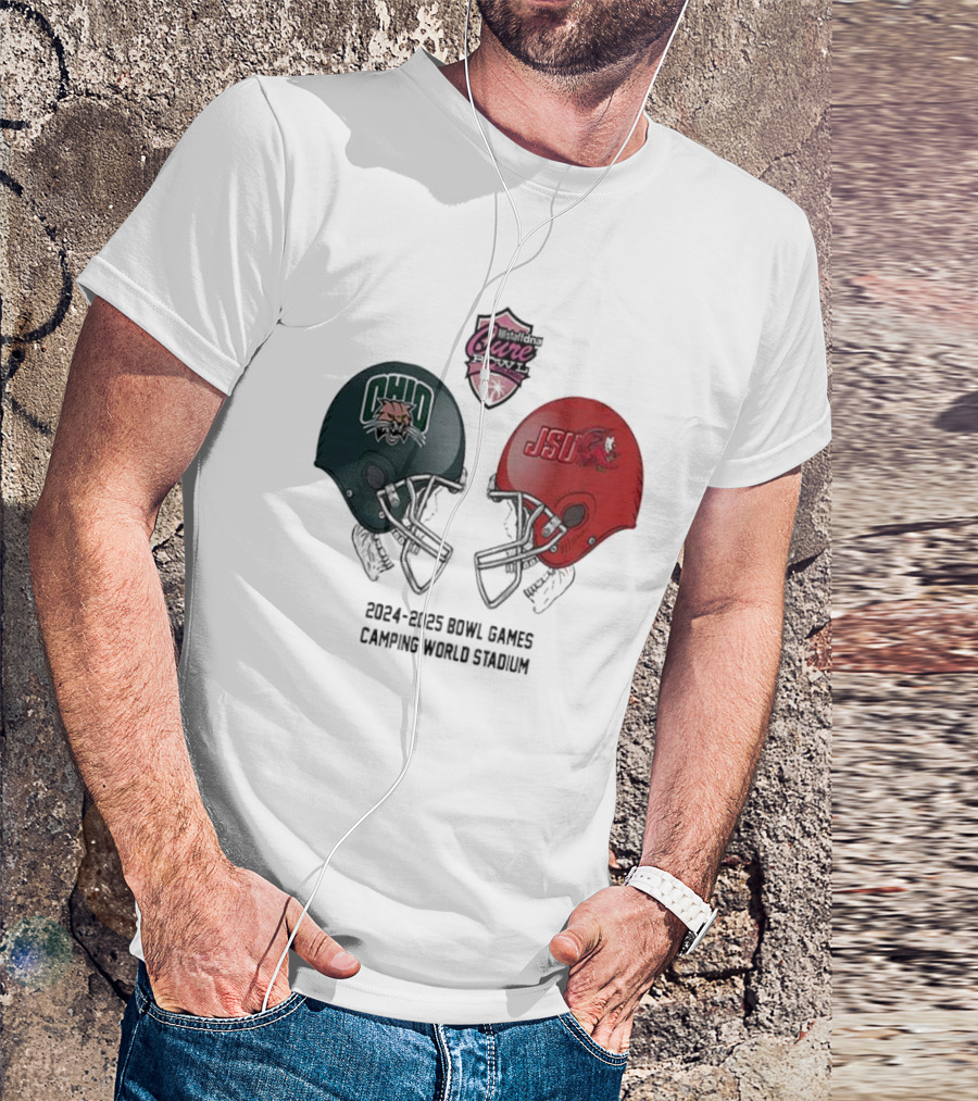 Weststand’s Cure Bowl 2024-2025 NCAA Bowl Games Ohio Bobcats Vs Jacksonville State Helmet Head To Head Camping World Stadium T-Shirt