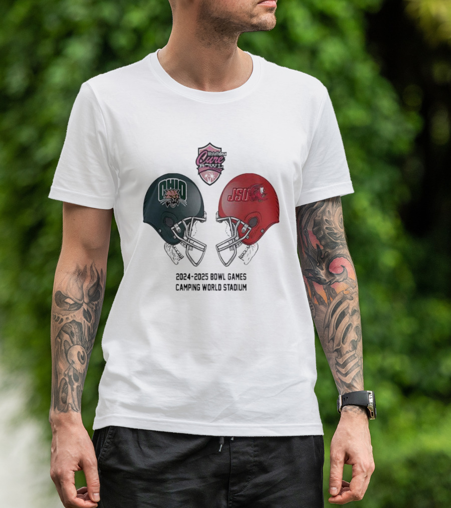 Weststand’s Cure Bowl 2024-2025 NCAA Bowl Games Ohio Bobcats Vs Jacksonville State Helmet Head To Head Camping World Stadium T-Shirt