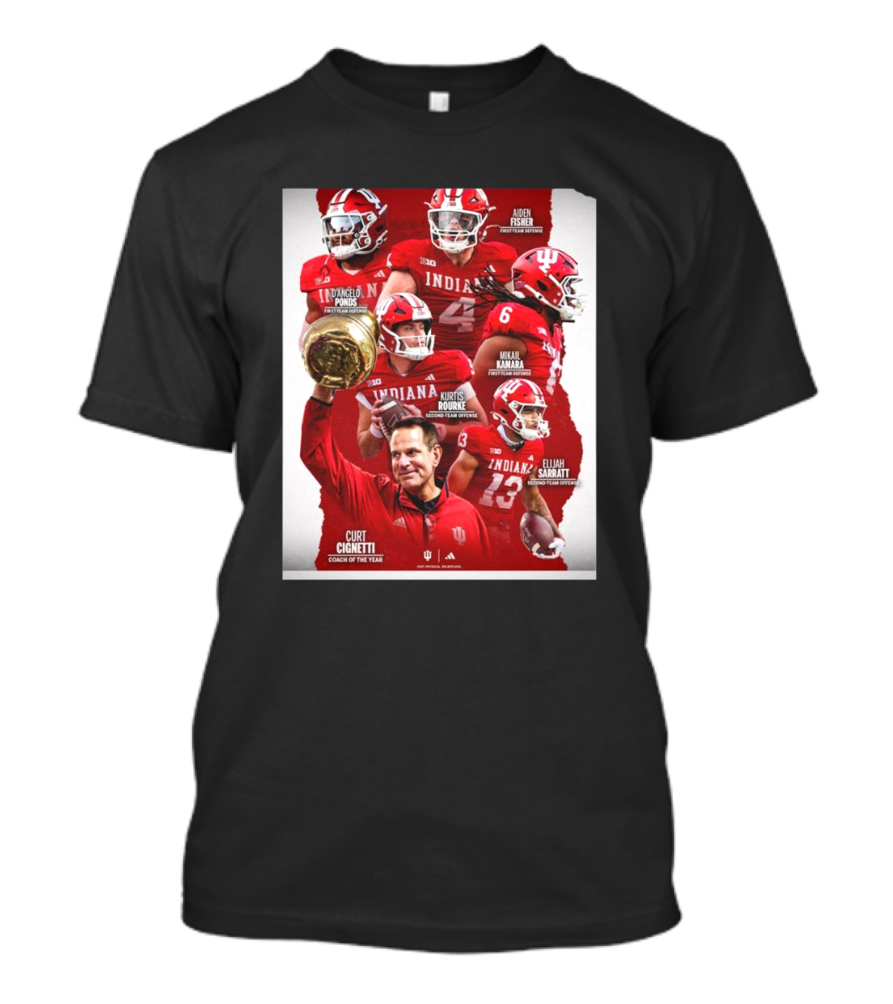 Indiana Hoosiers AP All-Big Ten Selections Curt Cignetti Coach Of The Year Aidan Fisher D'Angelo Ponds Kurts Rourke Mkul Kamara Elijah Sarratt T-Shirt