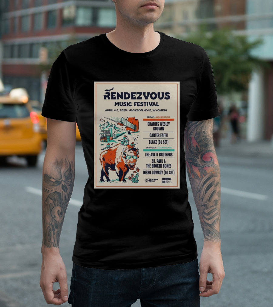 Rendezvous Music Festival April 4-5 2025 Jackson Hole Wyoming Charles Wesley Godwin Carter Faith Blake DJ Set Avett Brothers St. Paul Broken Bones Disko Cowboy Teton Village T-Shirt
