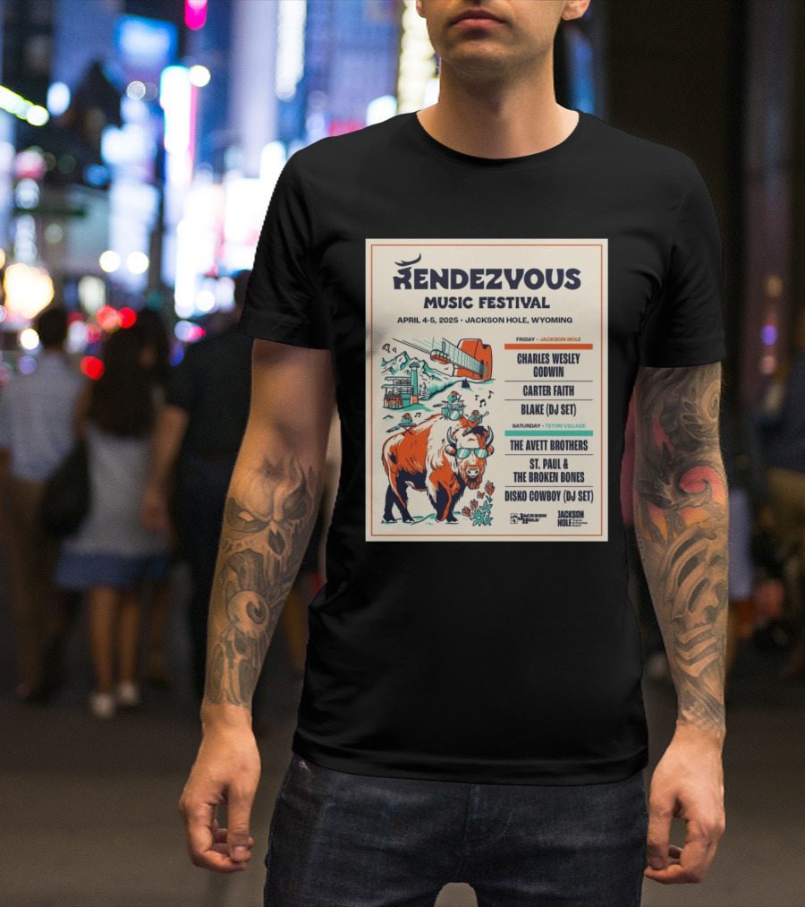 Rendezvous Music Festival April 4-5 2025 Jackson Hole Wyoming Charles Wesley Godwin Carter Faith Blake DJ Set Avett Brothers St. Paul Broken Bones Disko Cowboy Teton Village T-Shirt