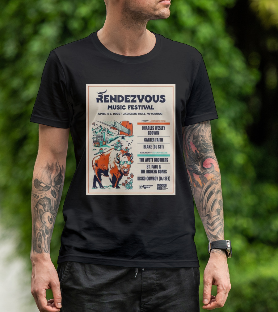 Rendezvous Music Festival April 4-5 2025 Jackson Hole Wyoming Charles Wesley Godwin Carter Faith Blake DJ Set Avett Brothers St. Paul Broken Bones Disko Cowboy Teton Village T-Shirt