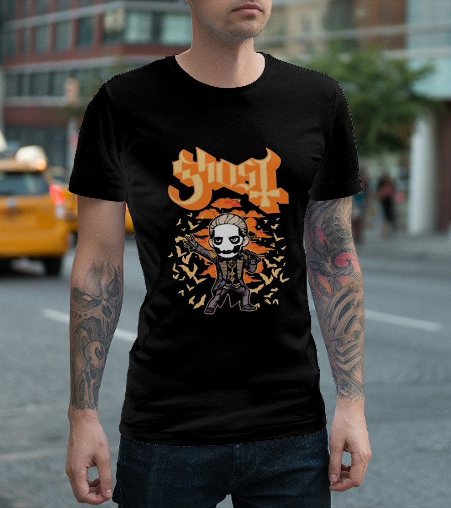 Ghost Band Chibi Style Character with Orange Background and Bats T-Shirt