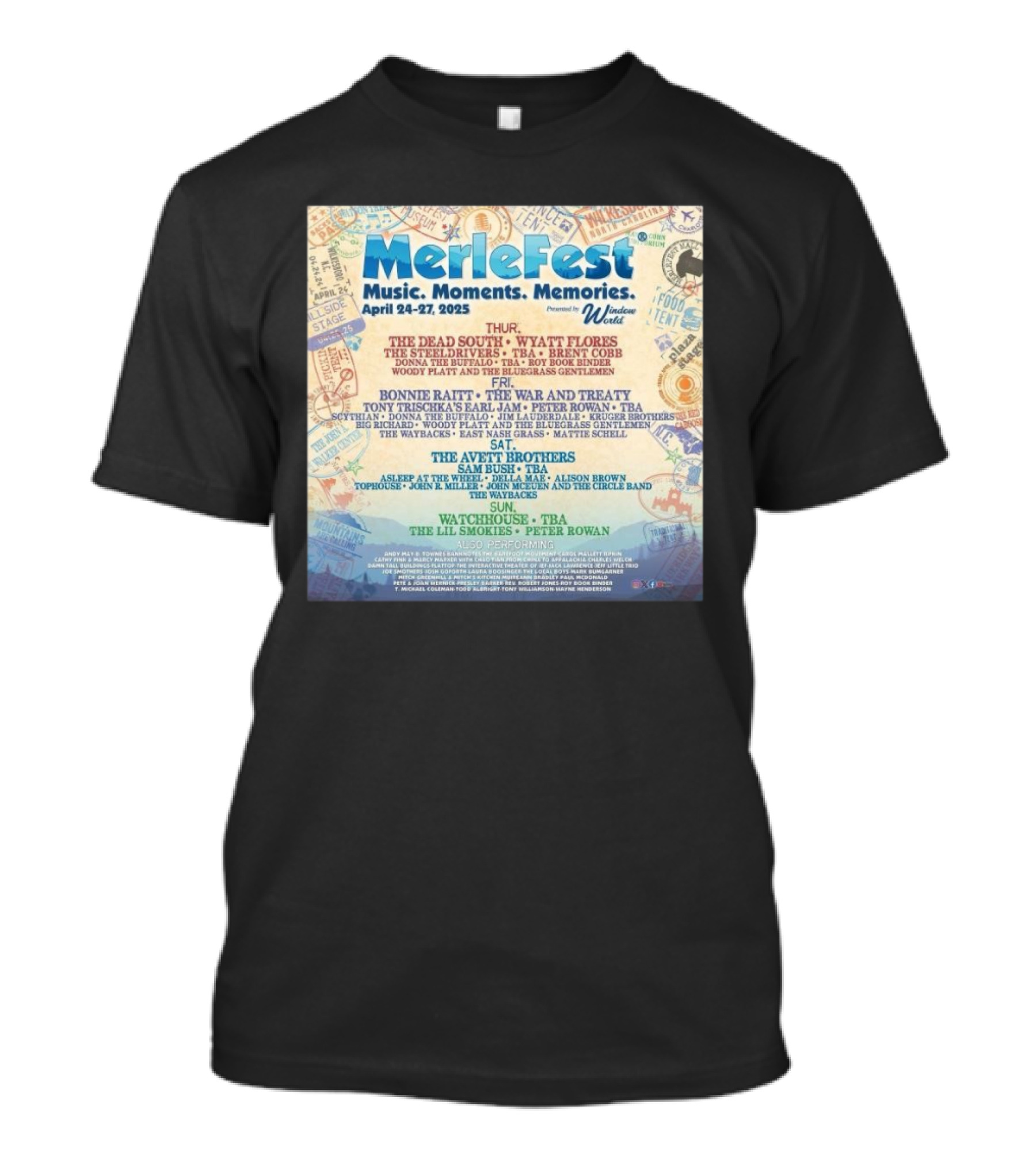 Merlefest Music Moments Memories The Avett Brothers Bonnie Raitt Watchhouse April 24-27 2025 T-Shirt