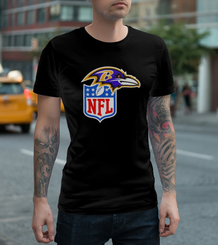 Baltimore Ravens NFL Collaboration Logo Ravens Head Incorporated With Shield T-Shirt