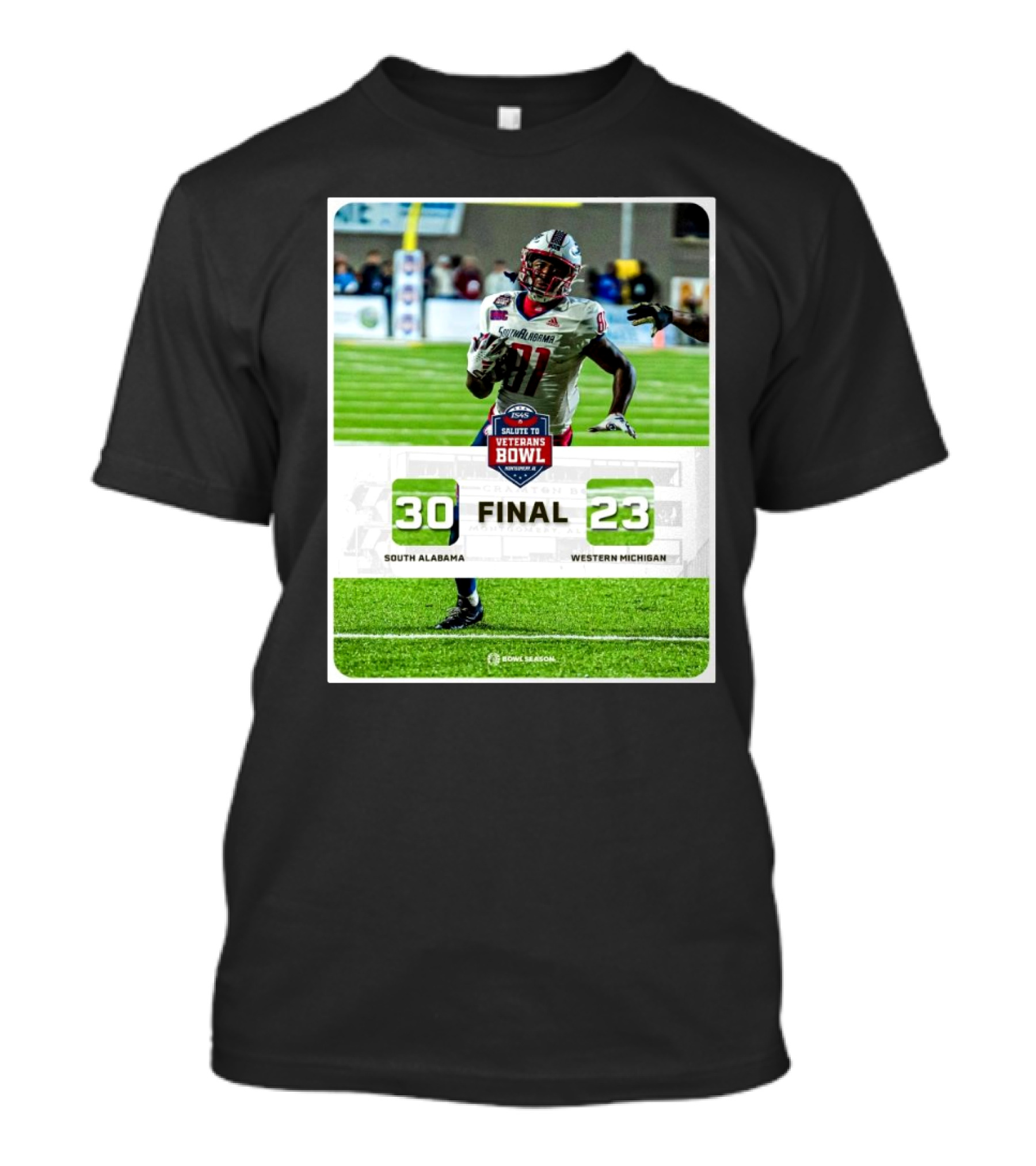 Final Score 30-23 South Alabama Jaguars Vs Western Michigan Broncos 2024 IS4S Salute To Veterans Bowl T-Shirt