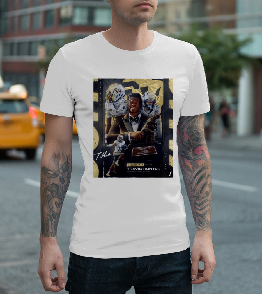 Travis Hunter Colorado Buffaloes 2024 Heisman Trophy Winner WR DB Signature T-Shirt