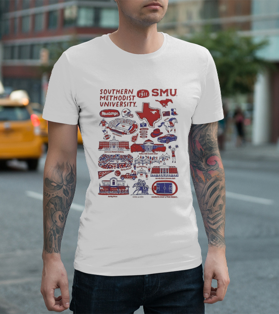 Southern Methodist University SMU Mustangs Est 1911 Vive La Fete Impressions Dallas Iconic Landmarks T-Shirt