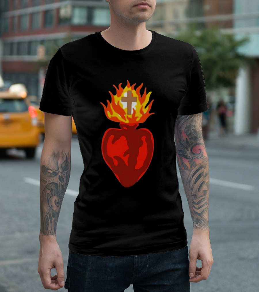 B Lake Sacred Heart Love Of God Cross Flame T-Shirt