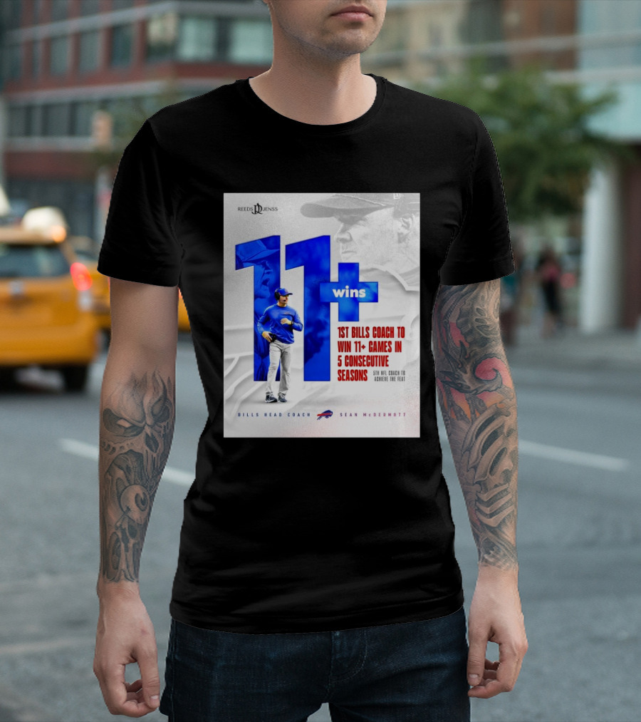 Buffalo Bills Head Coach Sean McDermott 1st Coach to Win 11+ Games in 5 Consecutive Seasons NFL Achievement T-Shirt