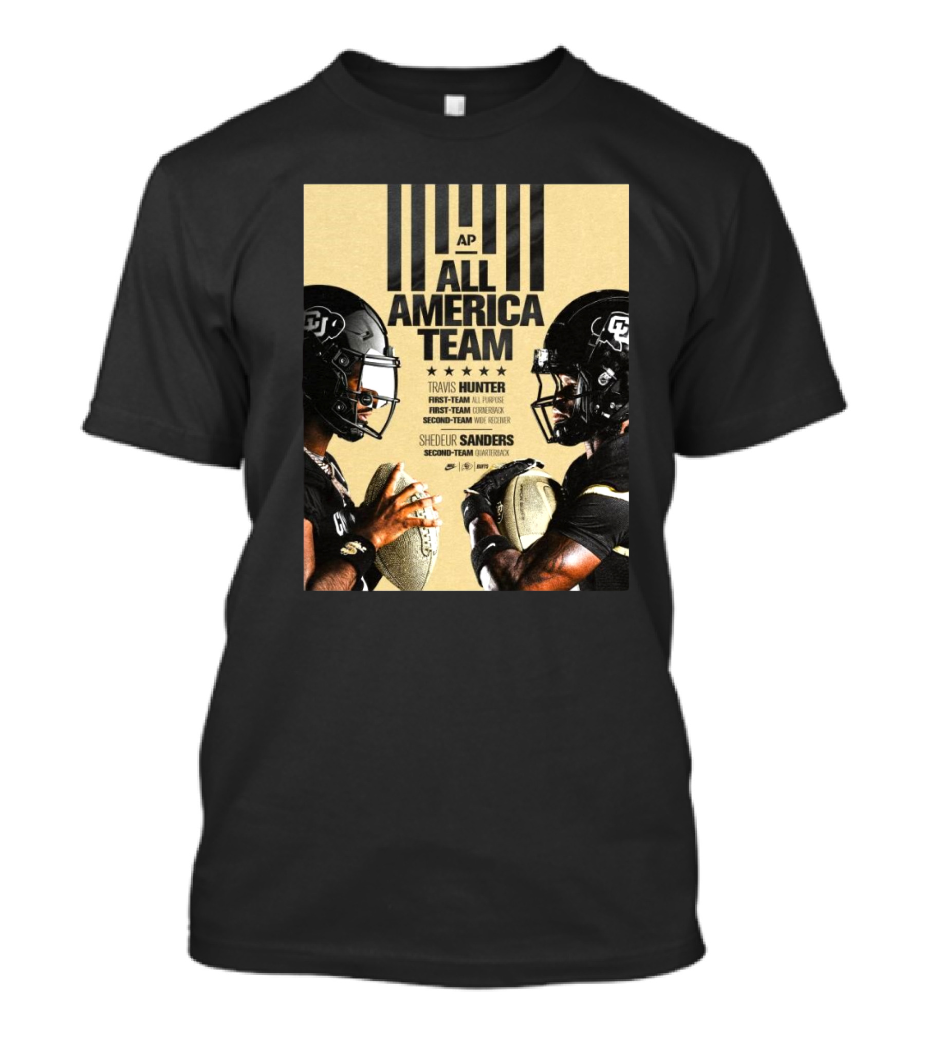 Colorado Buffaloes AP All-America Team First-Team Travis Hunter Shedeur Sanders Quarterback And Receiver Recognition T-Shirt