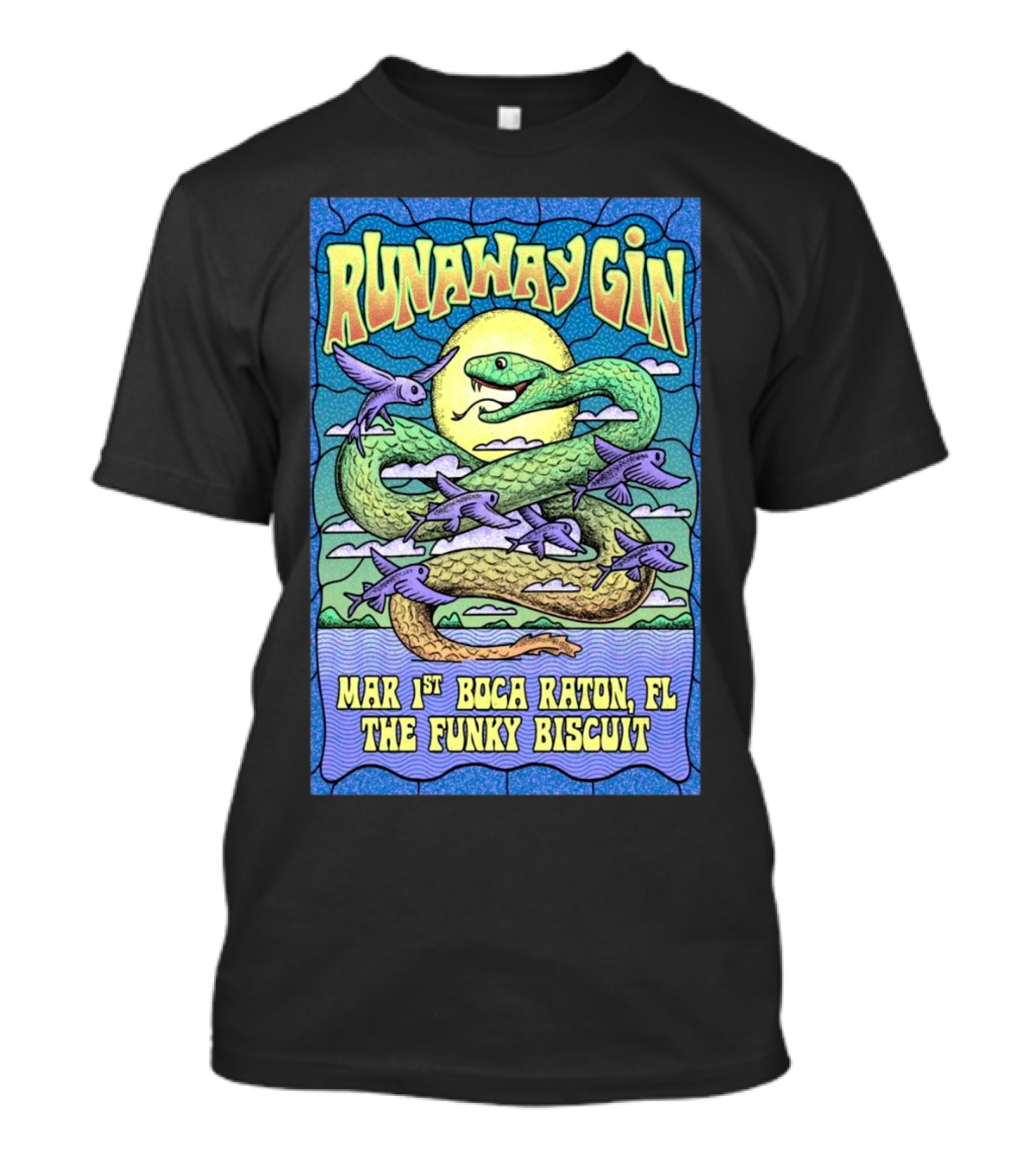 Runaway Gin At The Funky Biscuit Boca Raton FL March 1 2025 Psychedelic Snake And Fish T-Shirt
