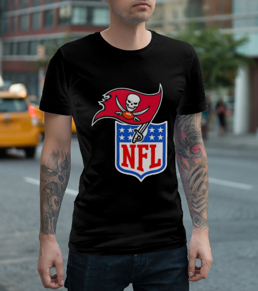 Tampa Bay Buccaneers NFL Collaboration Logo with Pirate Flag and Shield T-Shirt
