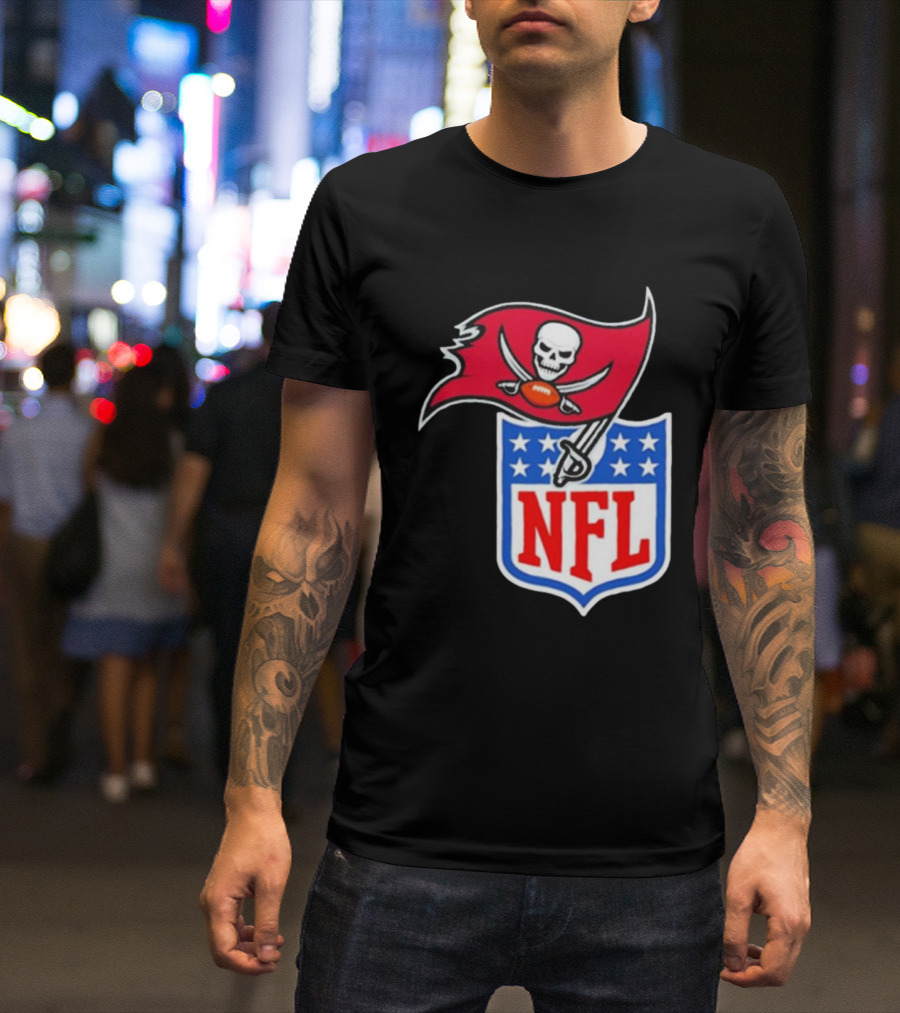 Tampa Bay Buccaneers NFL Collaboration Logo With Pirate Flag And Shield T-Shirt