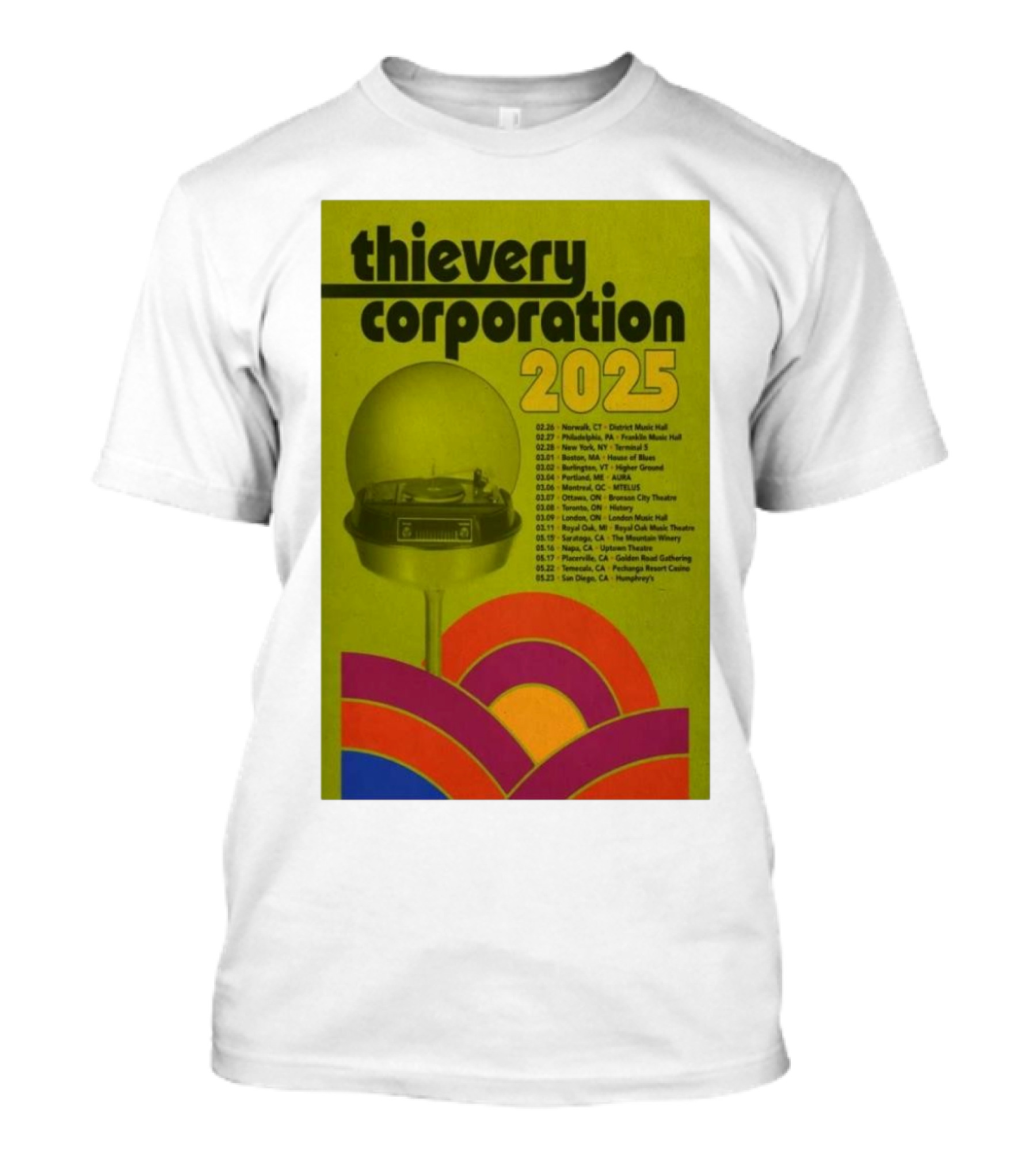 Thievery Corporation 2025 Tour Poster Newark To San Diego Event Dates T-Shirt