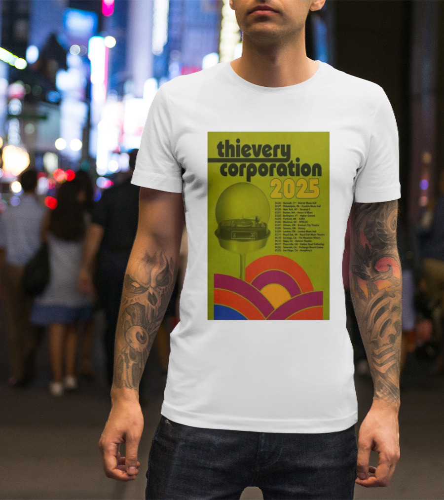 Thievery Corporation 2025 Tour Poster Newark To San Diego Event Dates T-Shirt