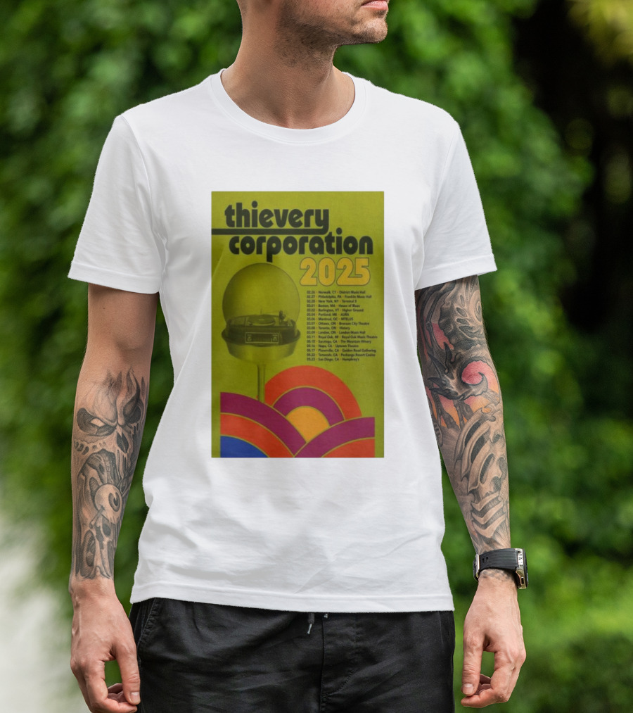 Thievery Corporation 2025 Tour Poster Newark To San Diego Event Dates T-Shirt
