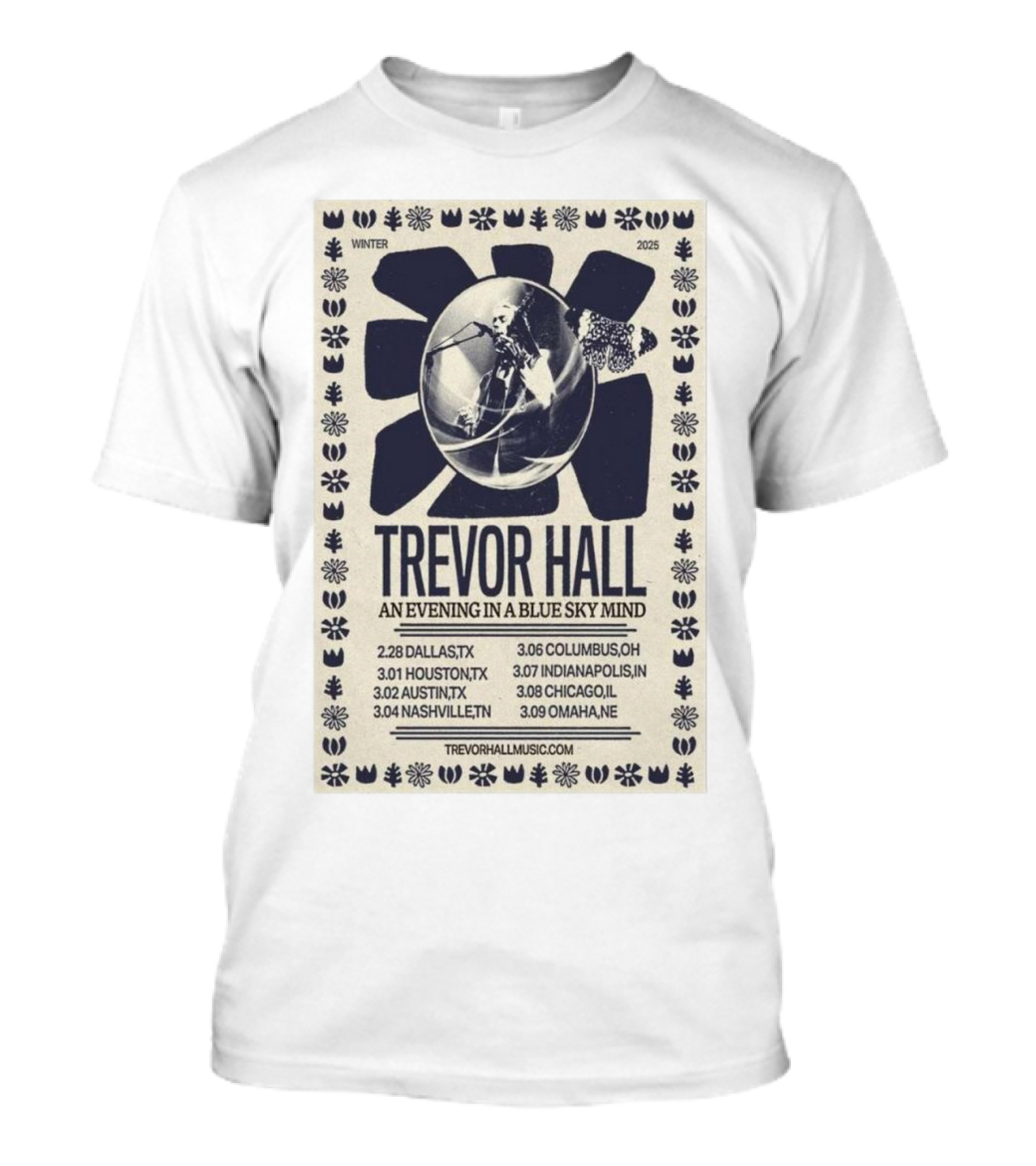 Trevor Hall An Evening In A Blue Sky Mind Winter 2025 Tour Dallas Houston Austin Nashville Columbus Indianapolis Chicago Omaha T-Shirt