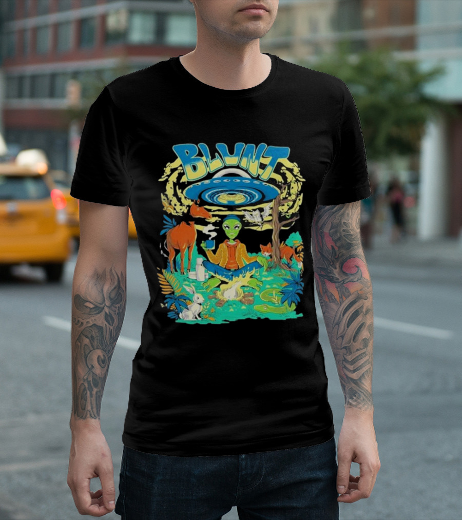 Blunt UFO Alien Smoking Forest Scene T-Shirt