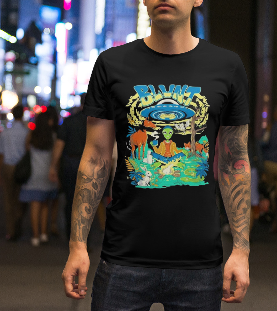 Blunt UFO Alien Smoking Forest Scene T-Shirt
