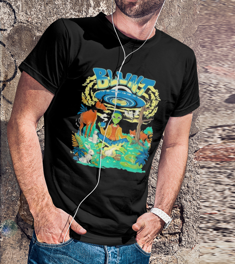 Blunt UFO Alien Smoking Forest Scene T-Shirt