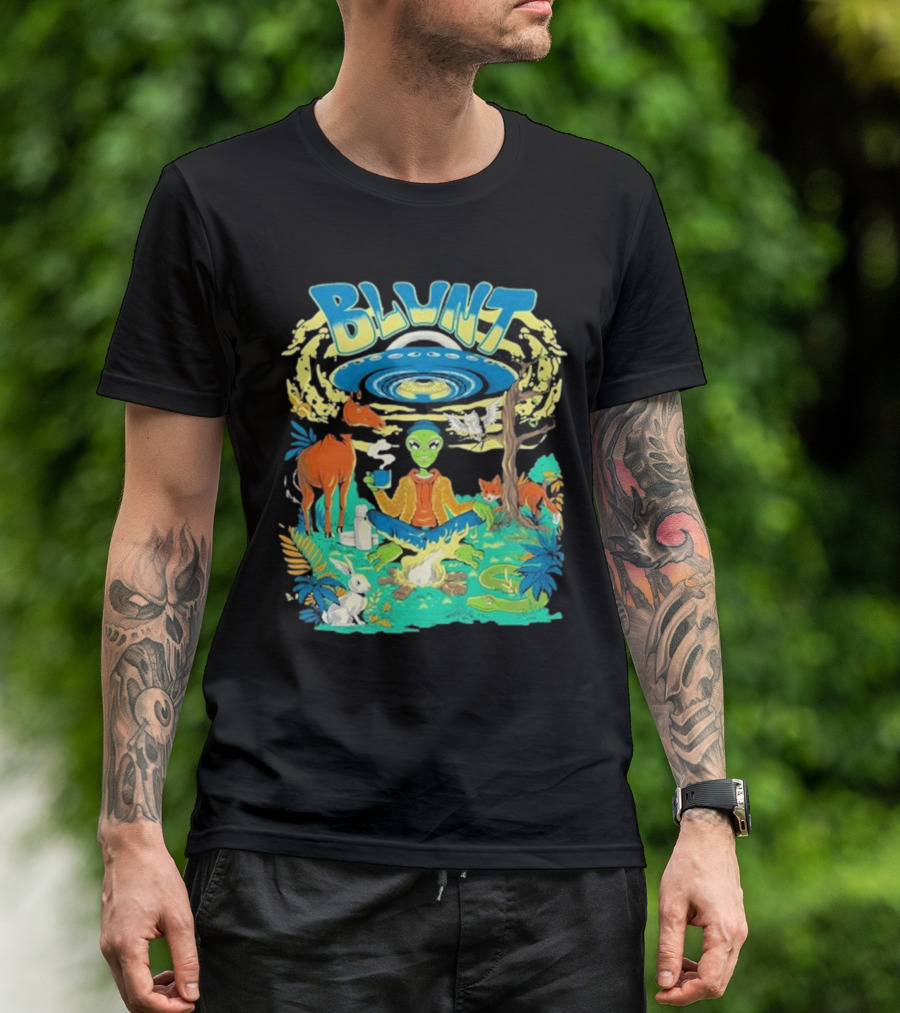 Blunt UFO Alien Smoking Forest Scene T-Shirt