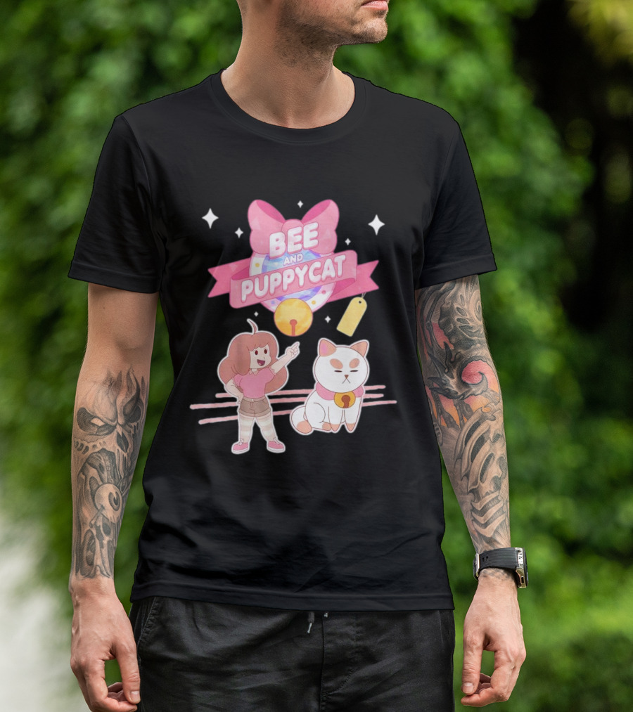 Bee And PuppyCat Cute Cartoon Characters With Pink Bow And Stars T-Shirt