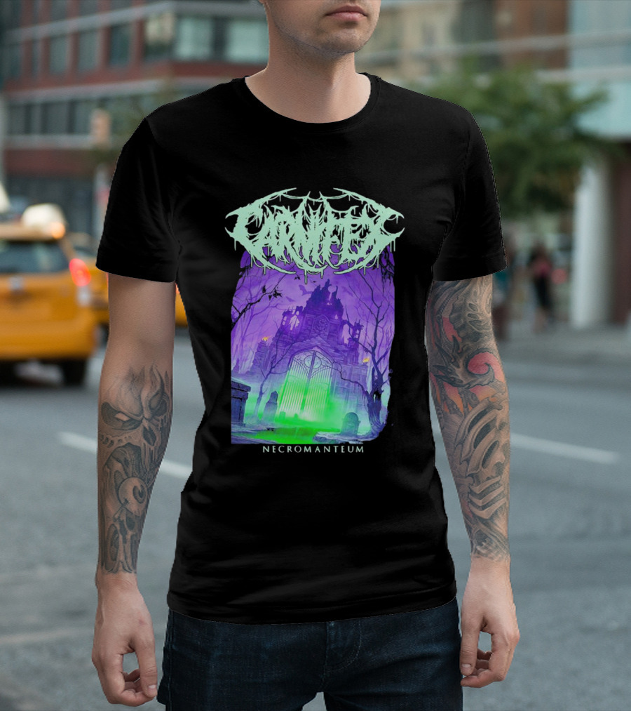 Carnifex Necromanteum Haunted Gothic Castle with Glowing Green and Purple Portal T-Shirt
