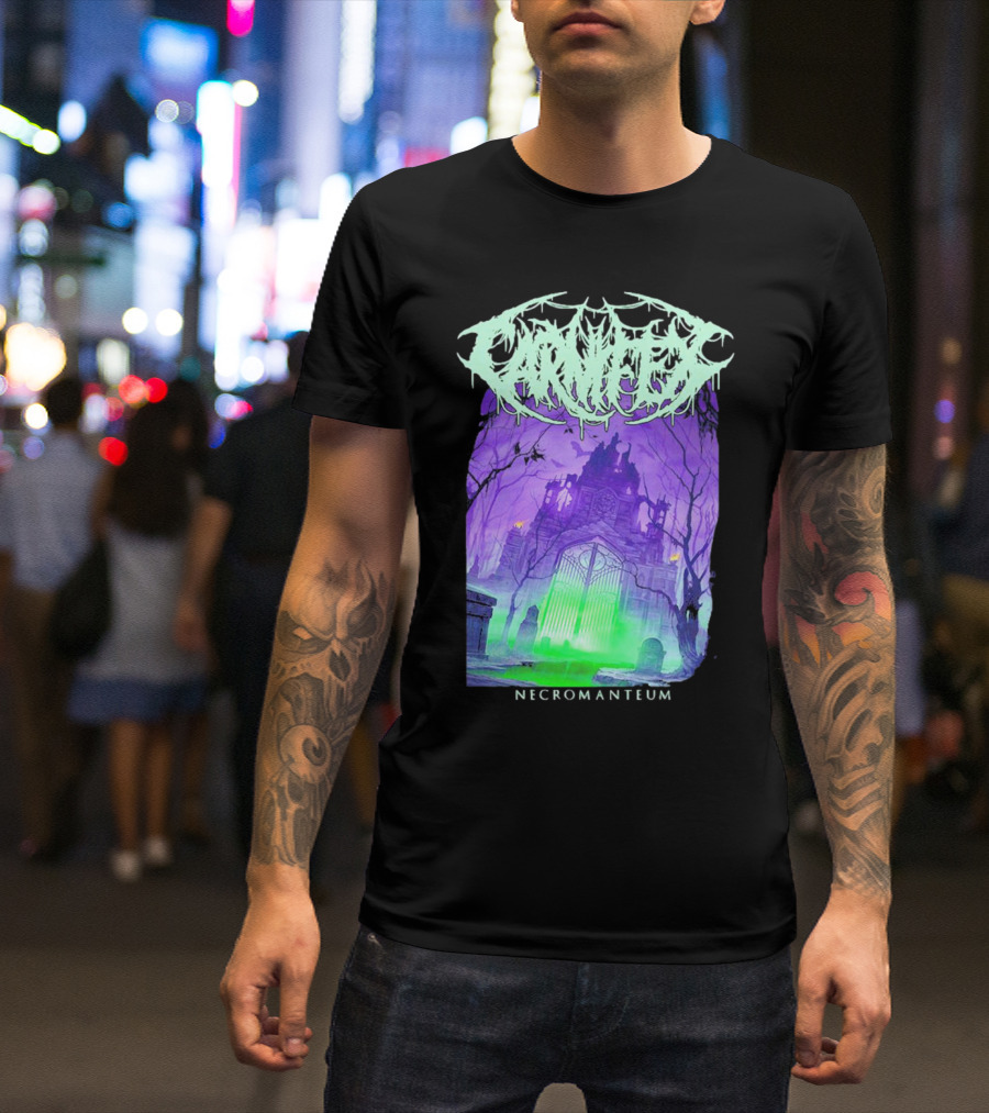 Carnifex Necromanteum Haunted Gothic Castle With Glowing Green And Purple Portal T-Shirt