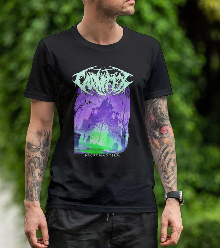 Carnifex Necromanteum Haunted Gothic Castle With Glowing Green And Purple Portal T-Shirt