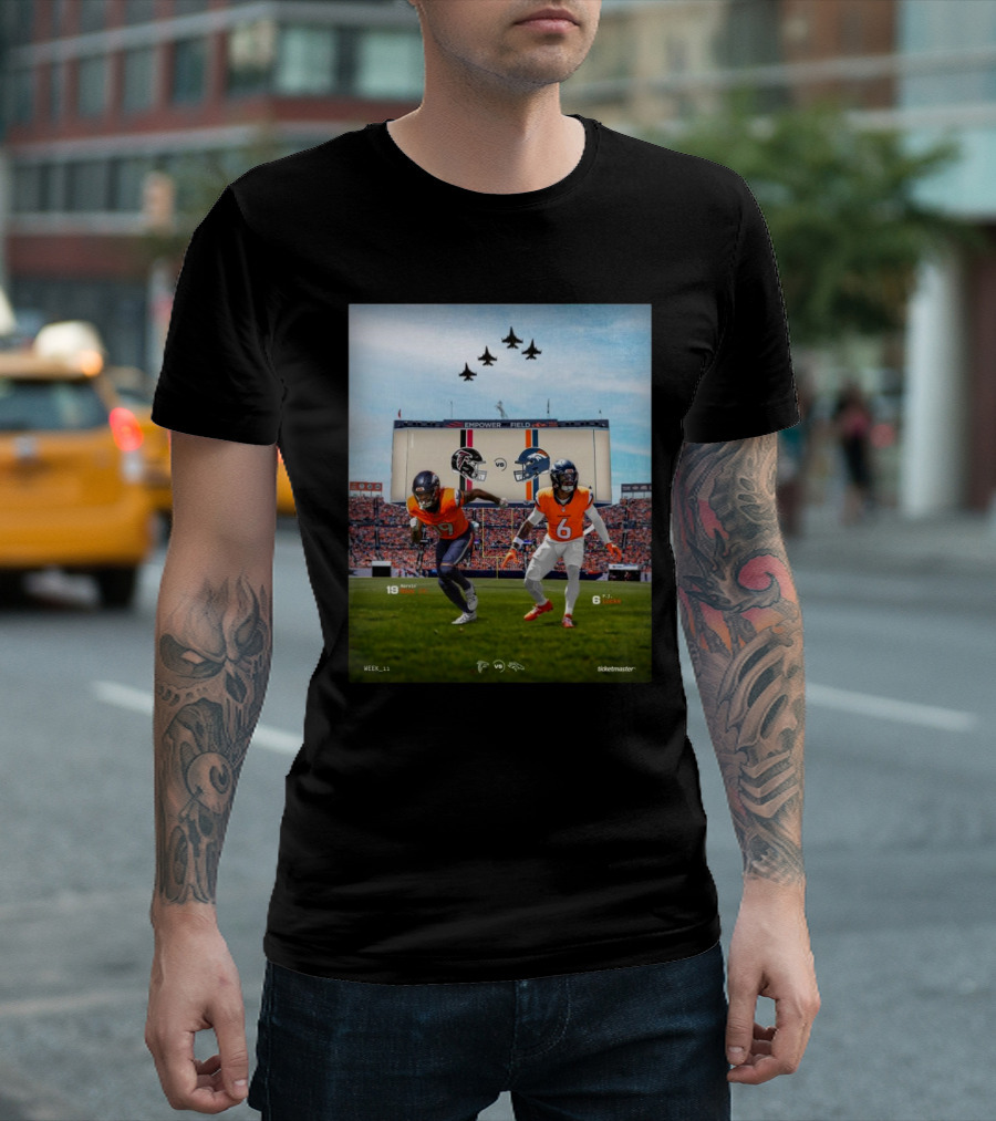Marvin Mims Jr and PJ Locke Denver Broncos vs Atlanta Falcons Empower Field Week 11 Football Matchup T-Shirt